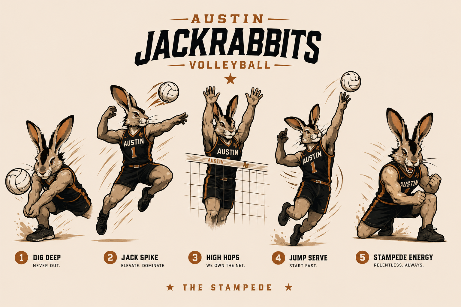 The Stampede — Dig Deep, Jack Spike, High Hops, Jump Serve, Stampede Energy